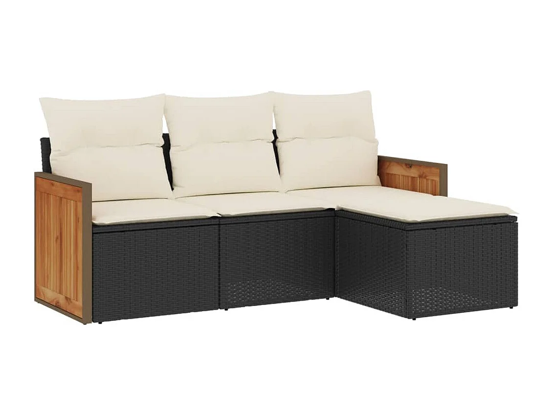 Salon de jardin 4 pcs avec coussins noir résine tressée