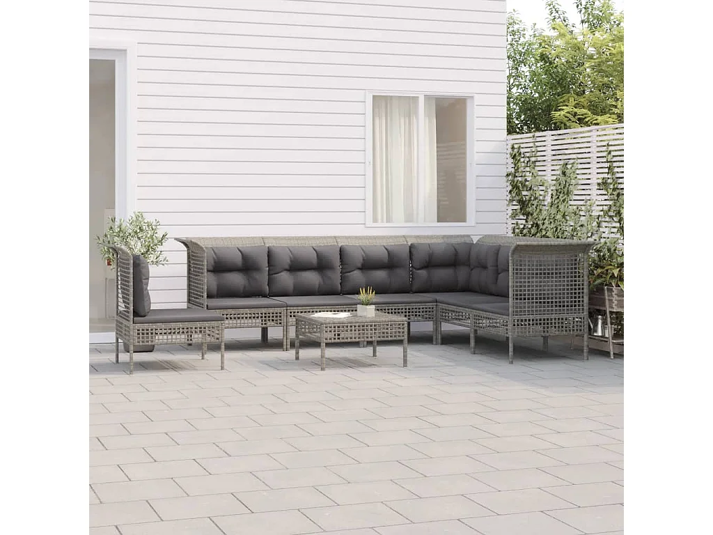 Salon de jardin 8 pcs avec coussins Gris Résine tressée