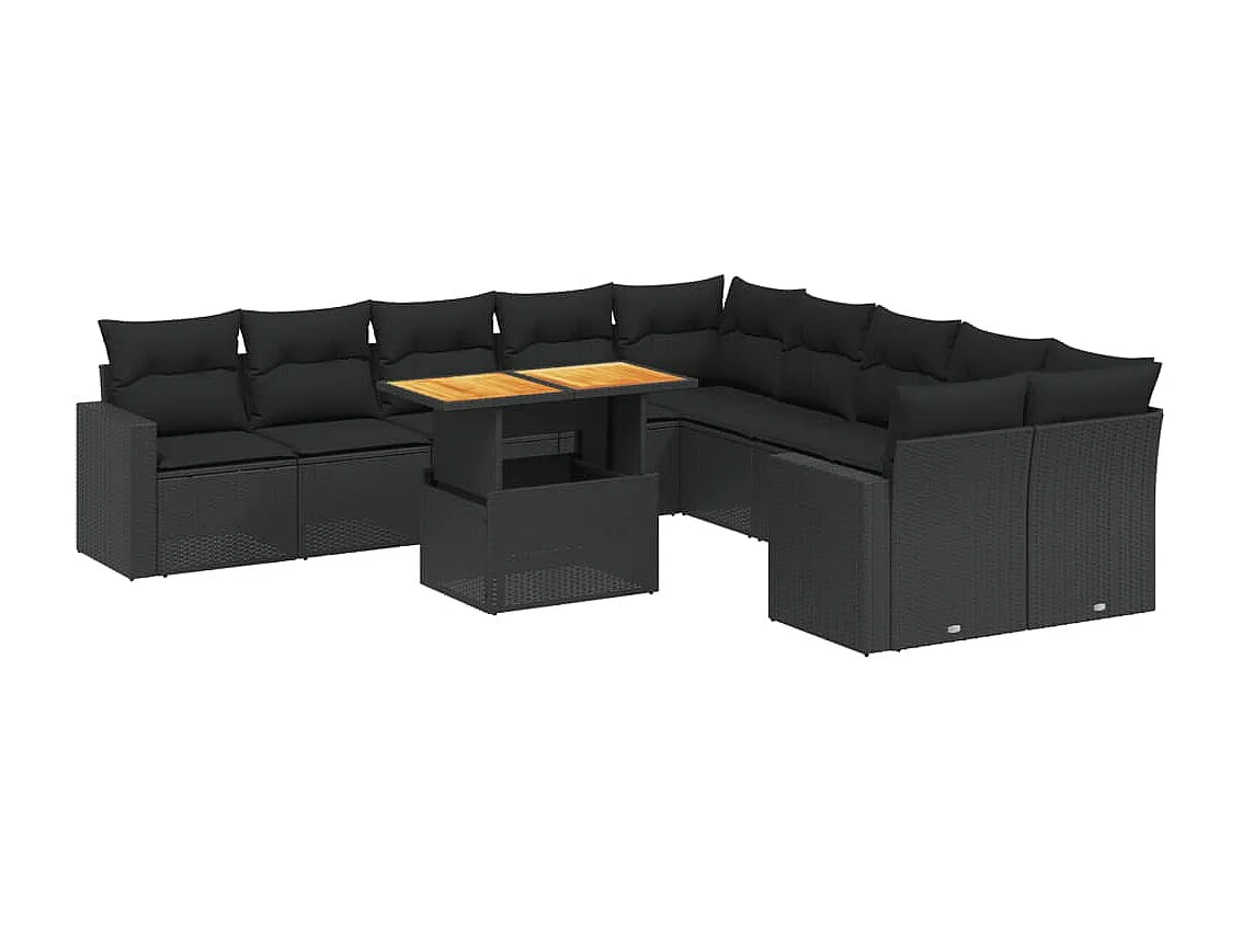 Salon de jardin 11 pcs avec coussins noir résine tressée