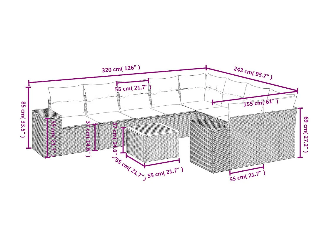 Salon de jardin avec coussins 10 pcs gris résine tressée