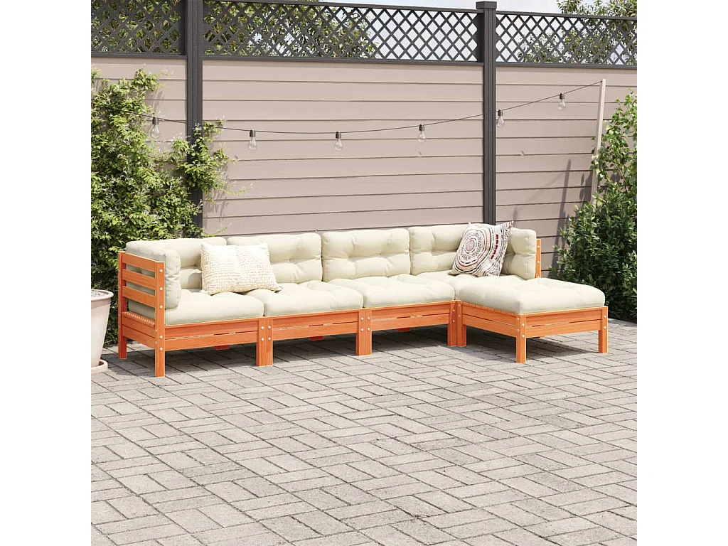 Salon de jardin 5 pcs avec coussins cire marron bois pin massif