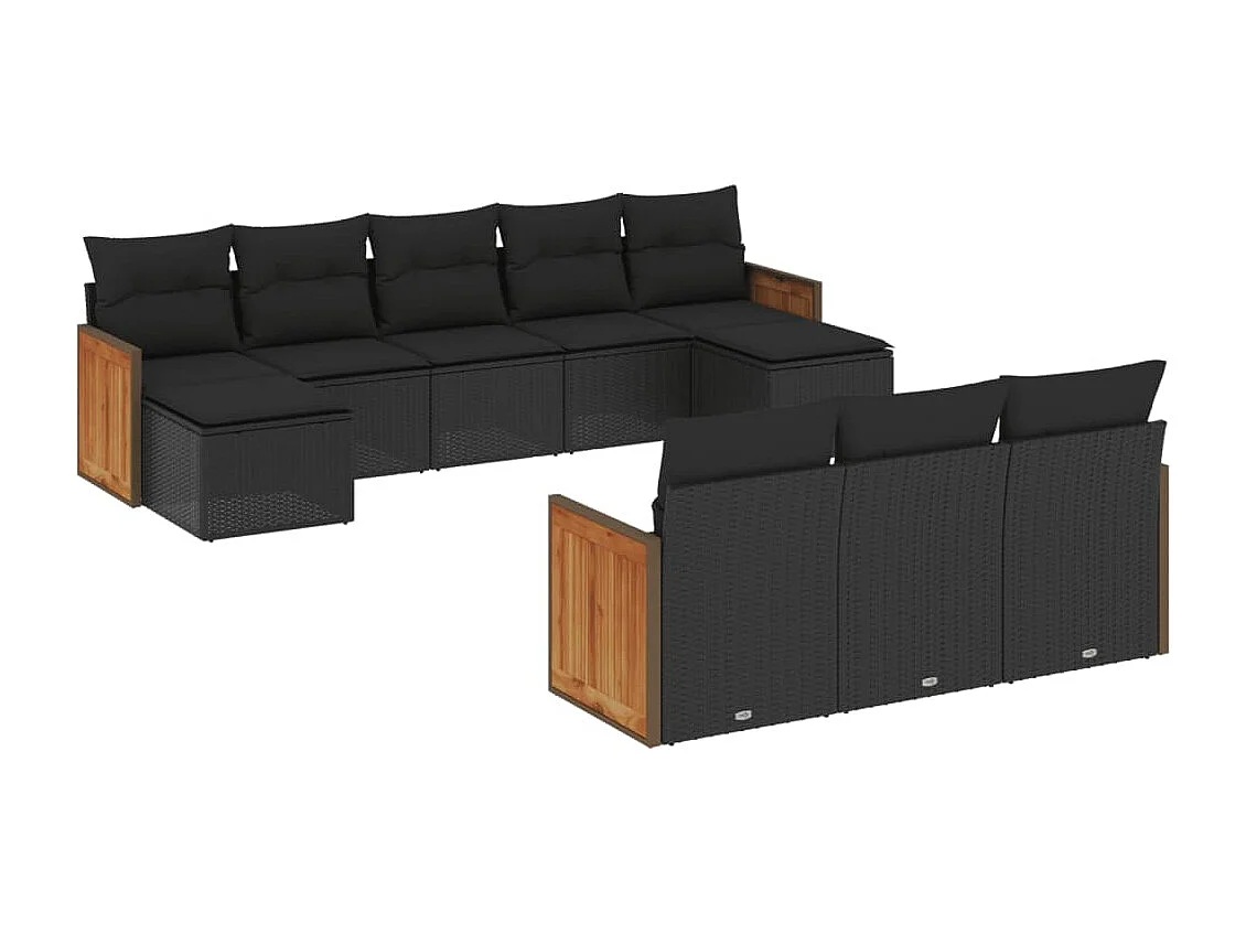Salon de jardin 10 pcs avec coussins noir résine tressée