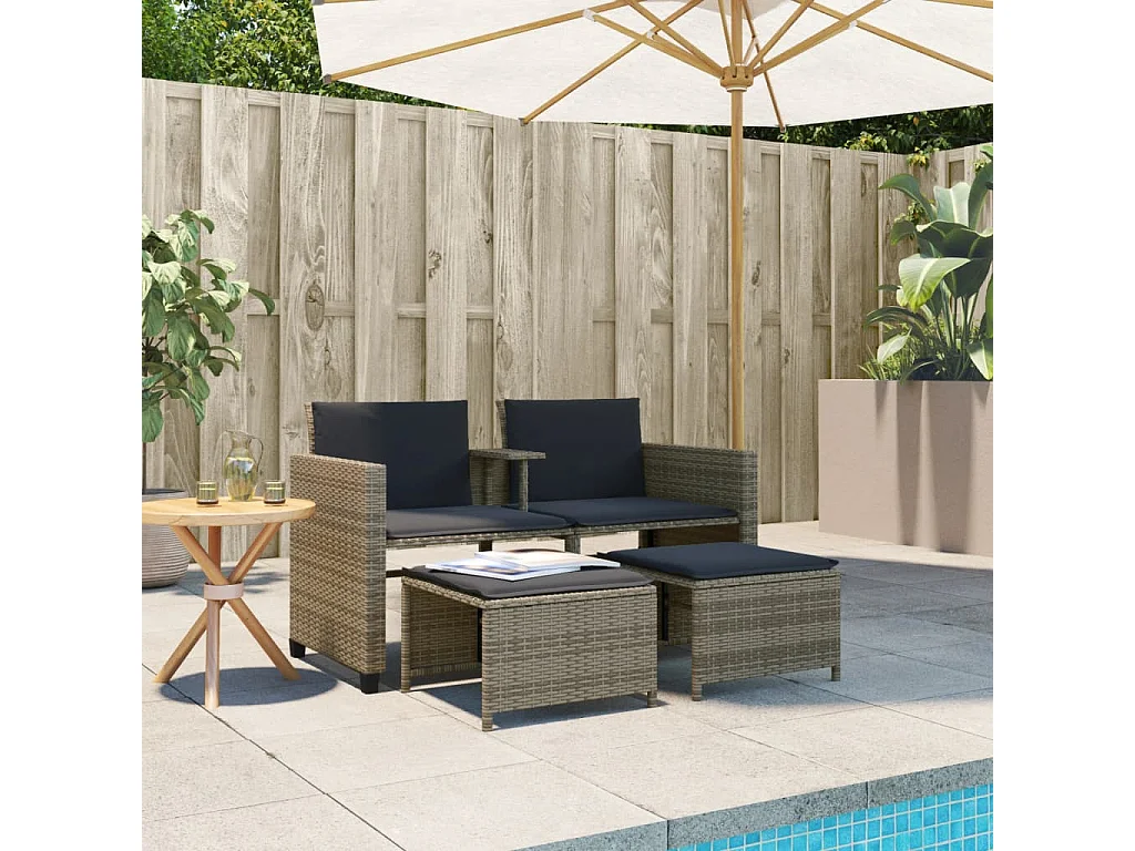 Canapé de jardin 2 places avec table et tabourets gris rotin