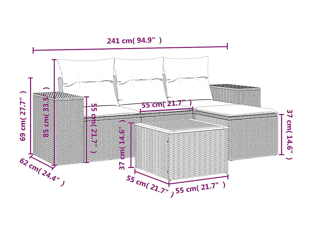 Salon de jardin 5 pcs avec coussins gris résine tressée
