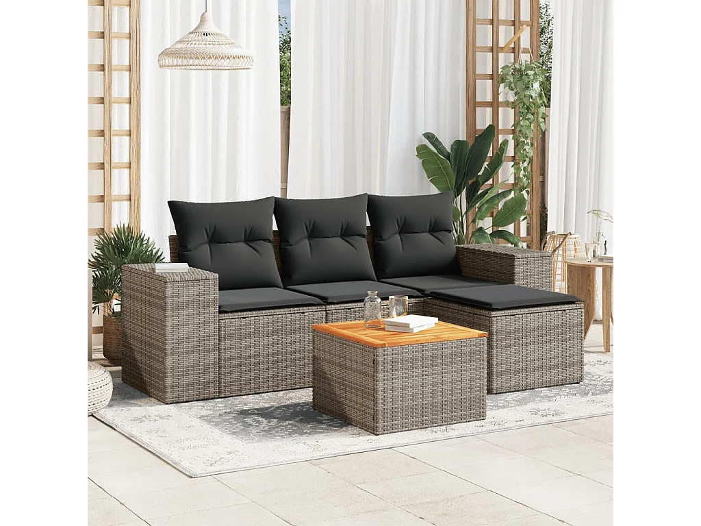 Salon de jardin 5 pcs avec coussins gris résine tressée