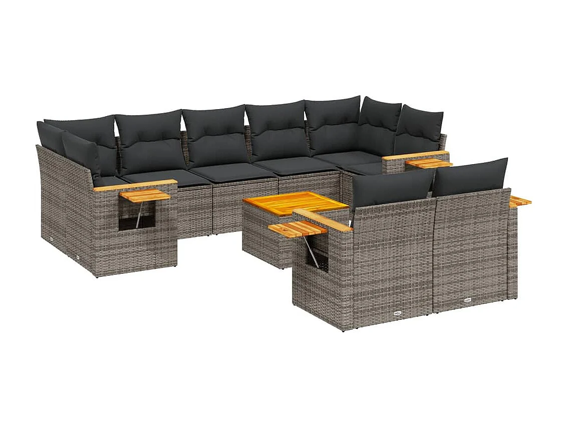 Salon de jardin avec coussins 10 pcs gris résine tressée