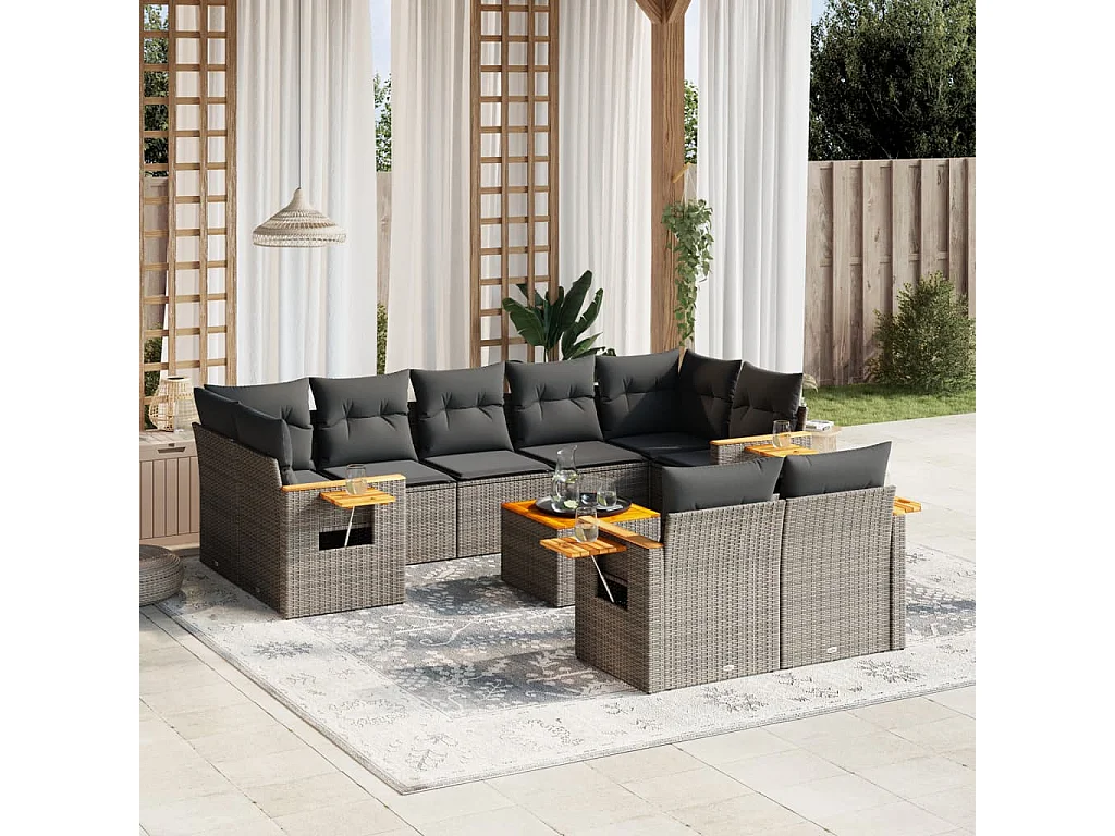 Salon de jardin avec coussins 10 pcs gris résine tressée