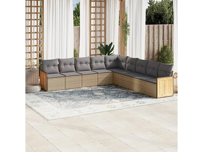 Salon de jardin avec coussins 9 pcs beige résine tressée