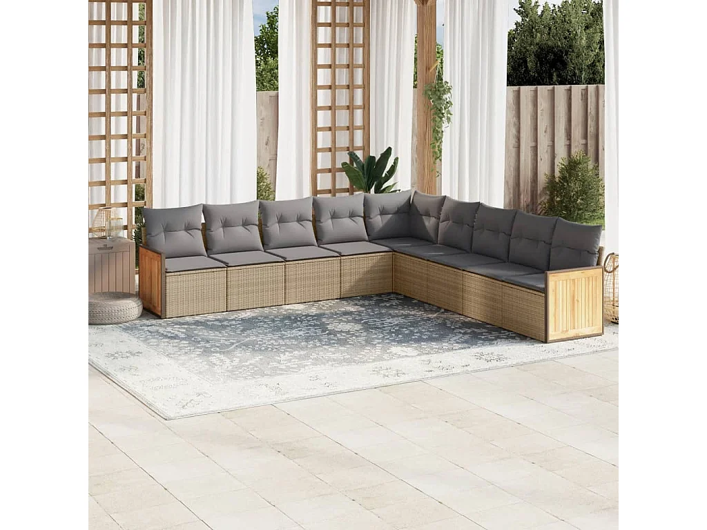 Salon de jardin avec coussins 9 pcs beige résine tressée