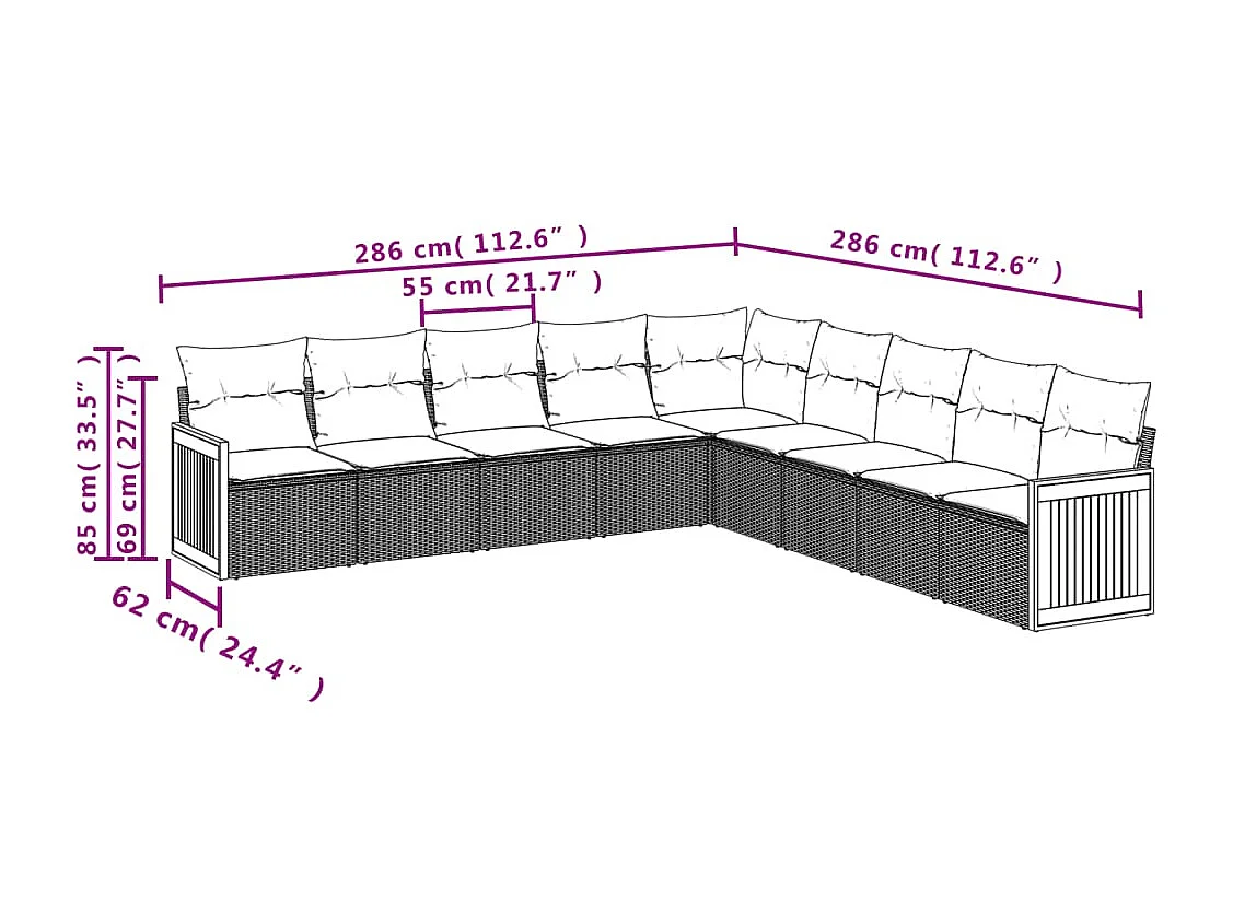 Salon de jardin avec coussins 9 pcs beige résine tressée