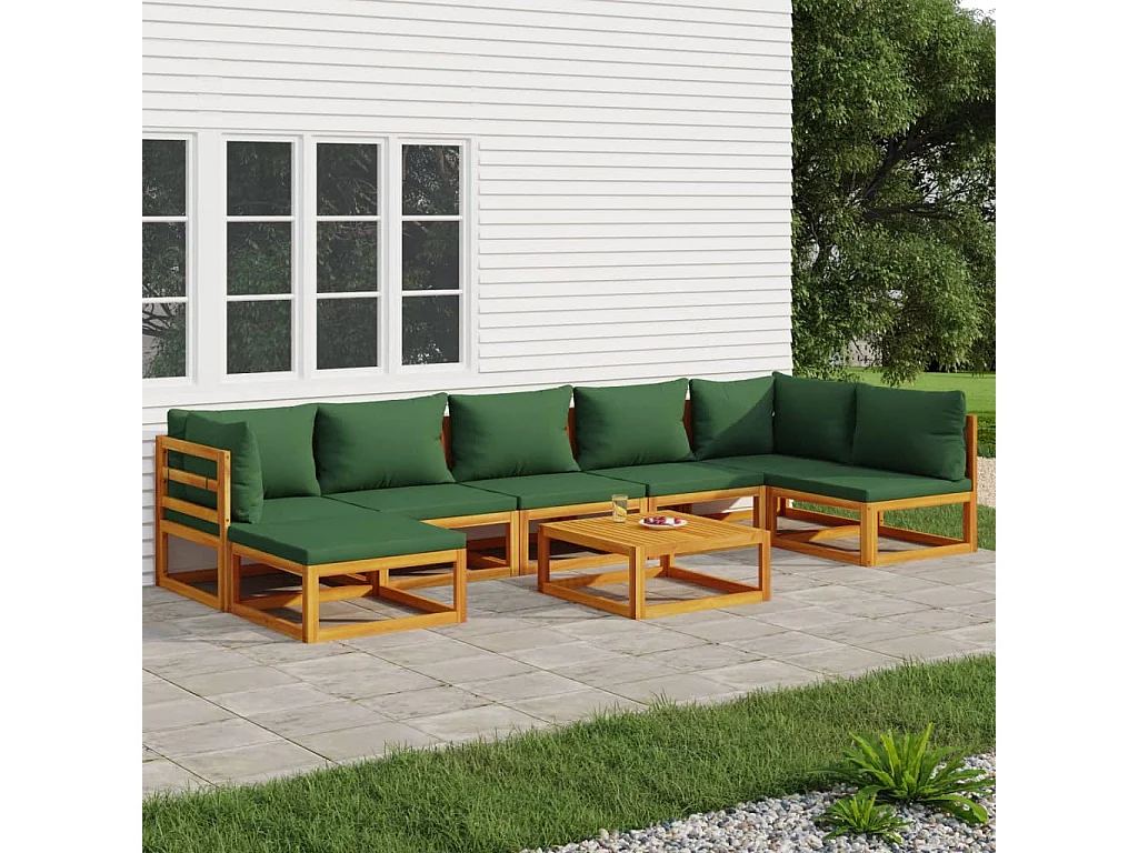 Salon de jardin 8 pcs avec coussins vert bois massif