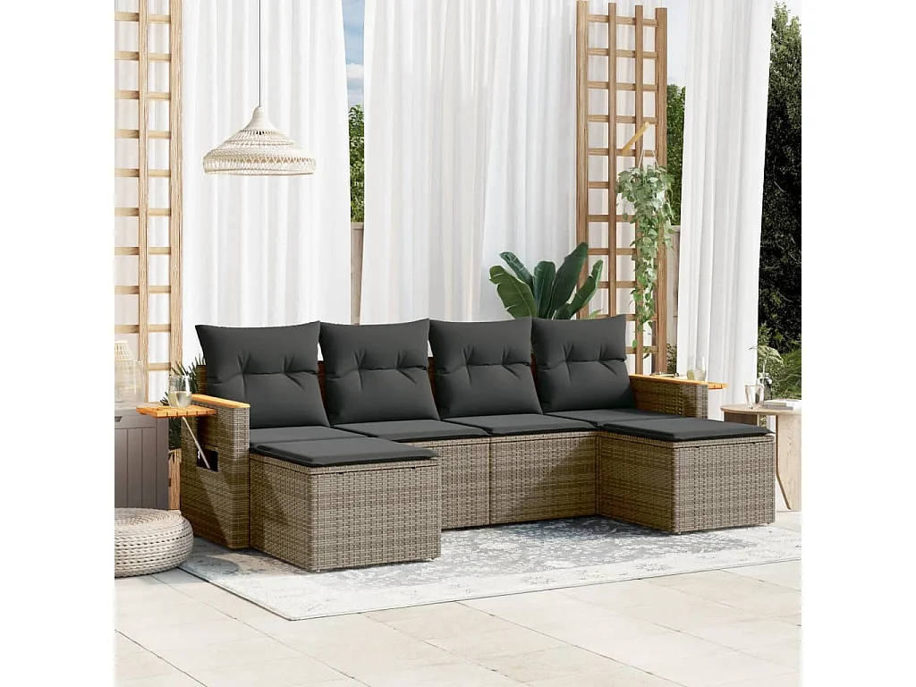 Salon de jardin 6 pcs avec coussins gris résine tressée
