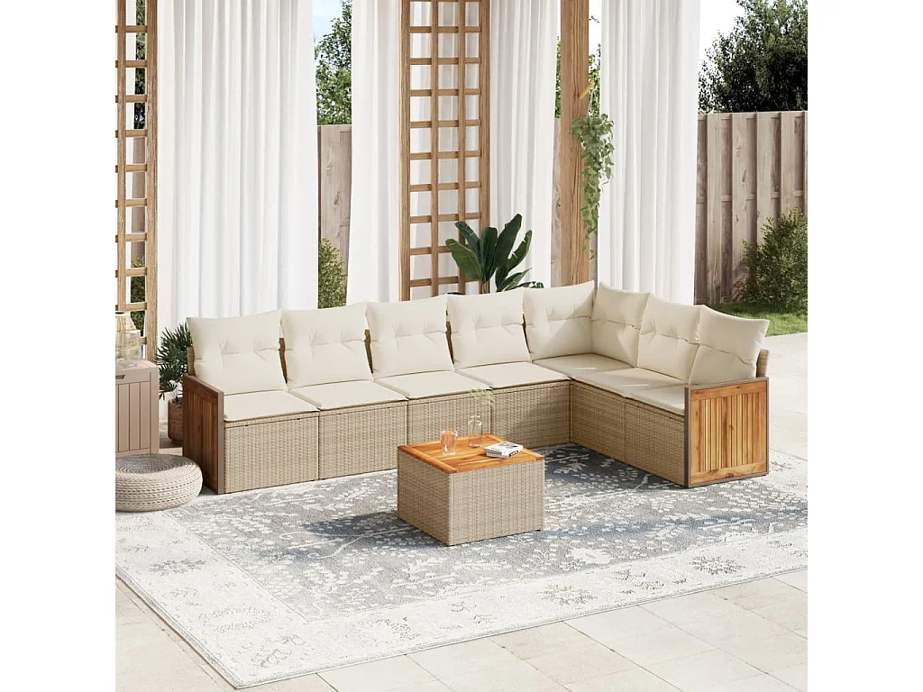 Salon de jardin avec coussins 8 pcs beige résine tressée