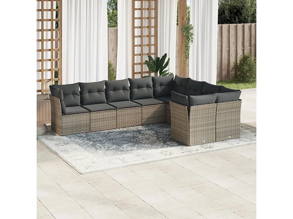 Salon de jardin 9 pcs avec coussins gris résine tressée