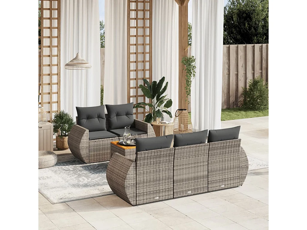 Salon de jardin 6 pcs avec coussins gris résine tressée