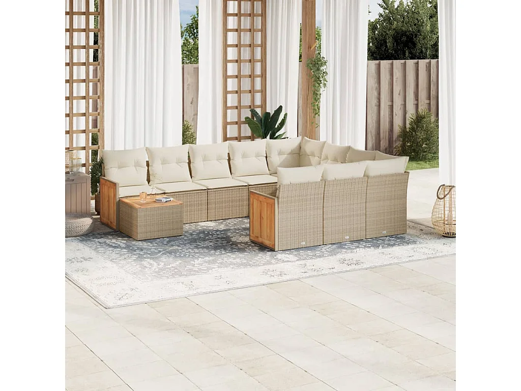 Salon de jardin 11 pcs avec coussins beige résine tressée