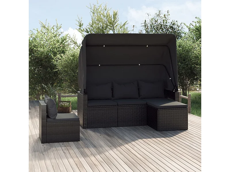 Salon de jardin 4 pcs avec coussins noir résine tressée