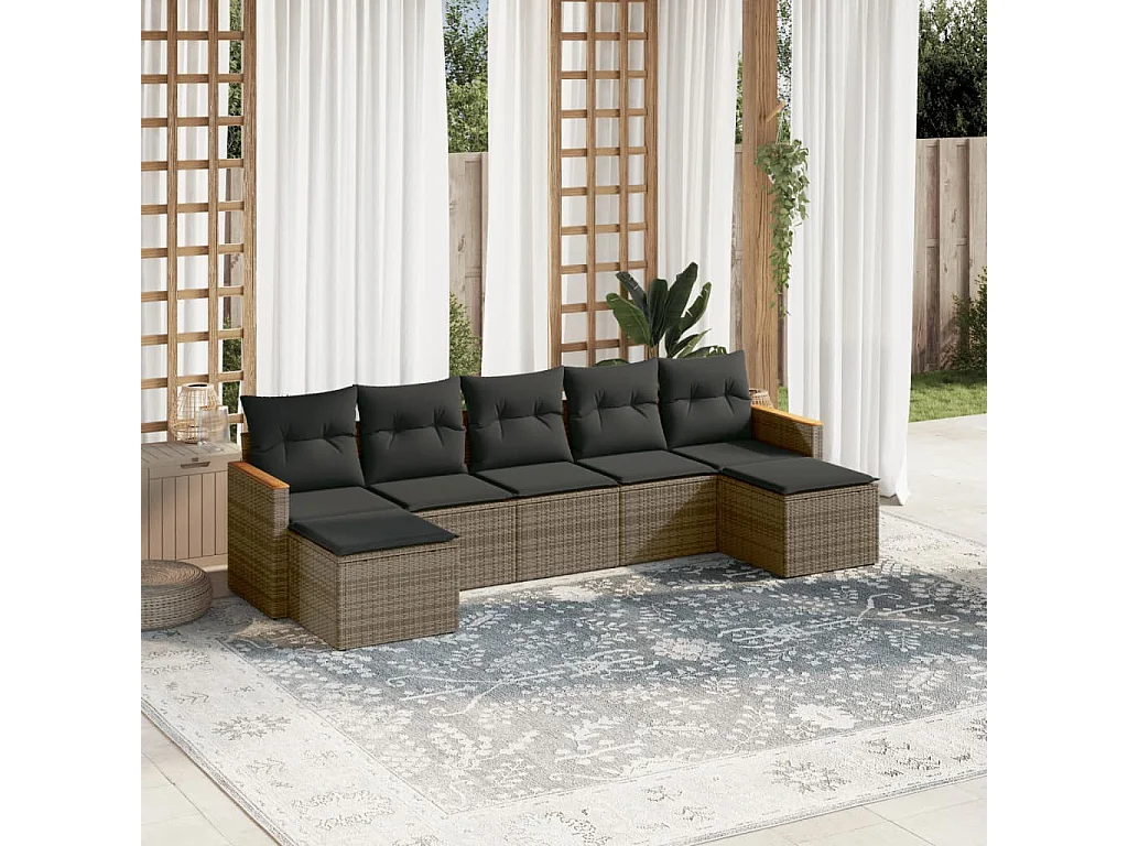 Salon de jardin avec coussins 7 pcs gris résine tressée