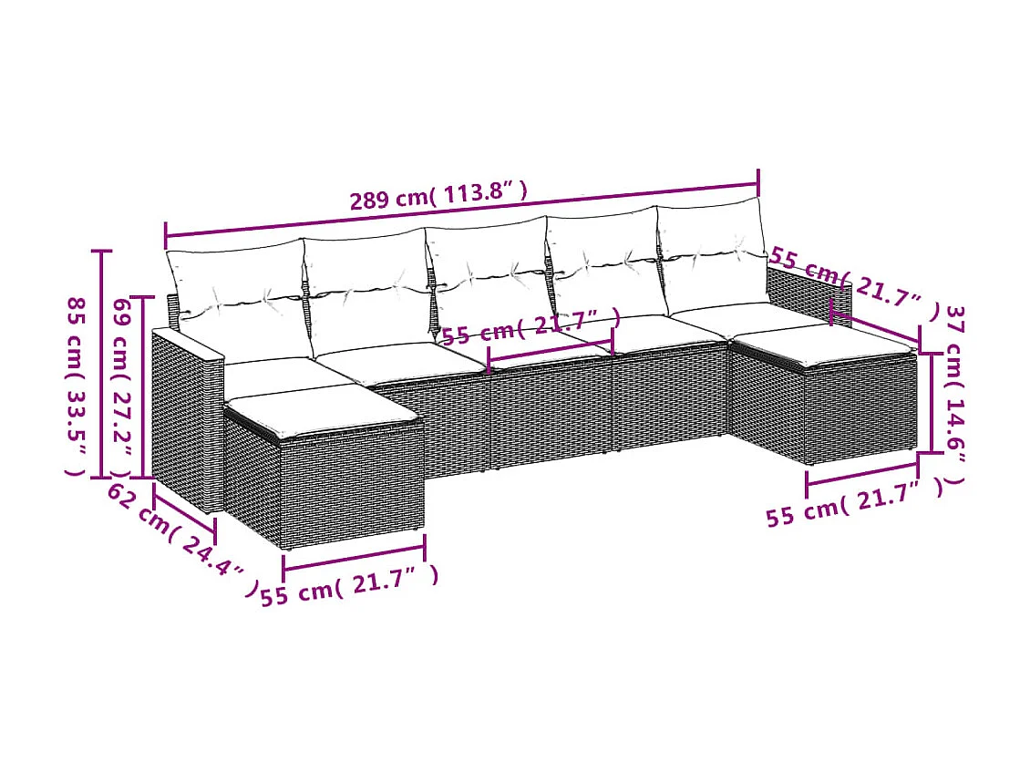 Salon de jardin avec coussins 7 pcs gris résine tressée