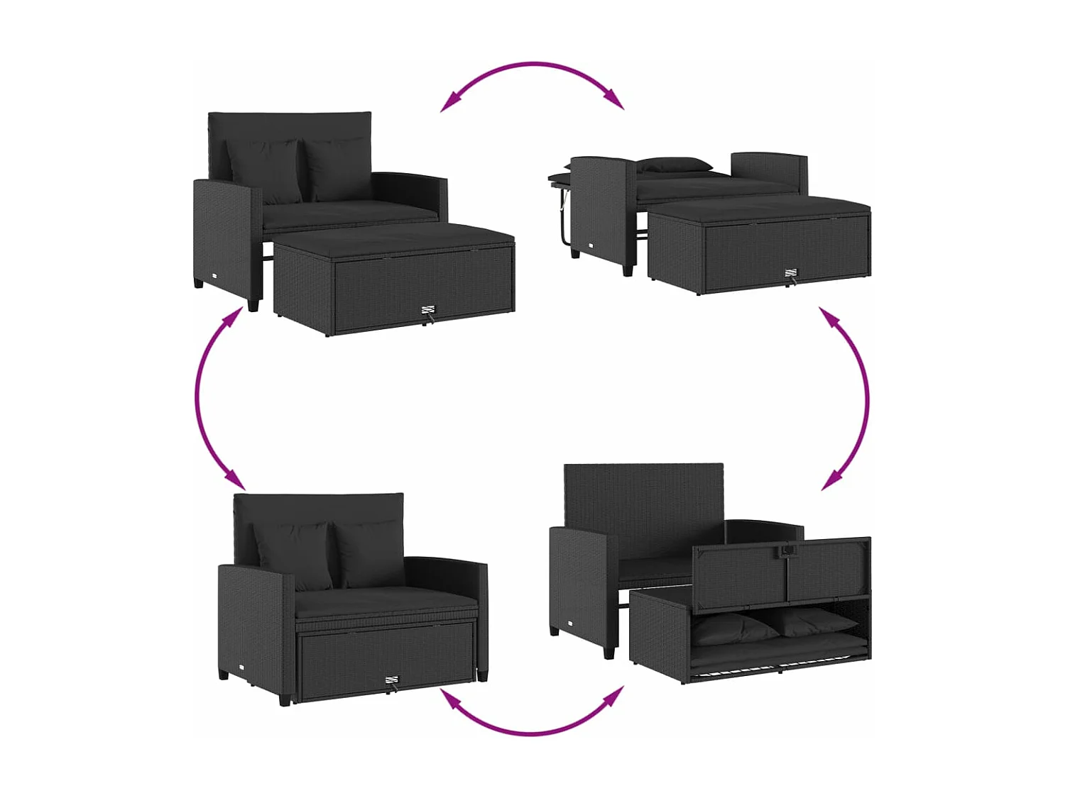 Canapé de jardin avec coussins 2 places noir résine tressée