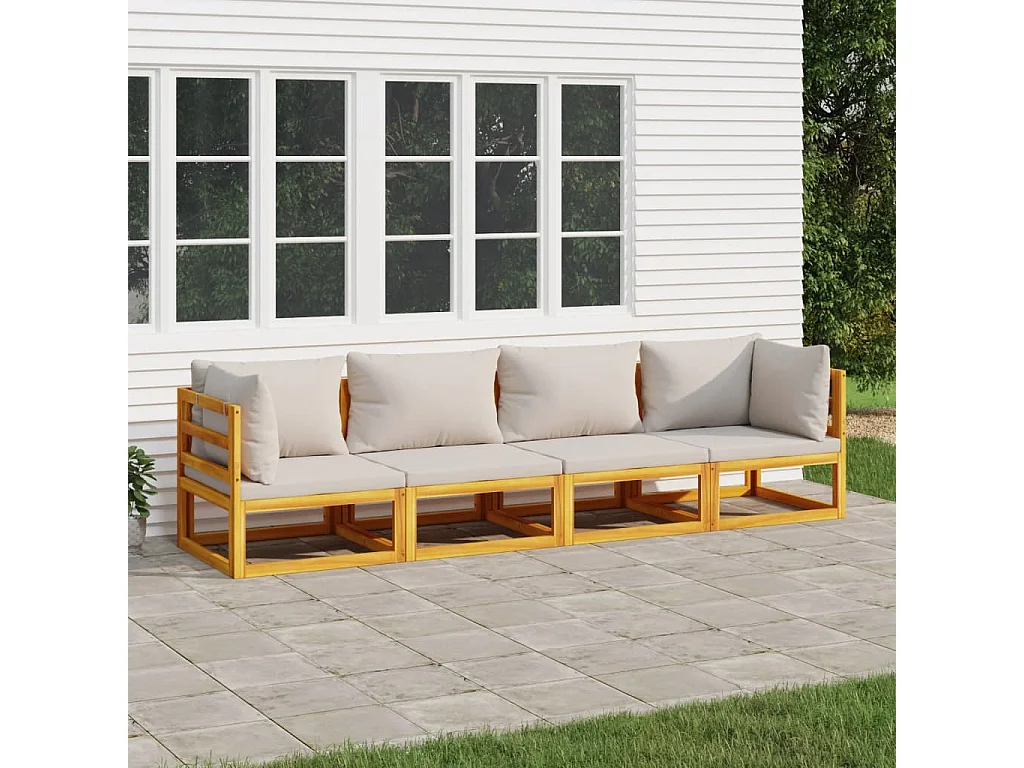 Salon de jardin 4 pcs avec coussins gris clair bois massif