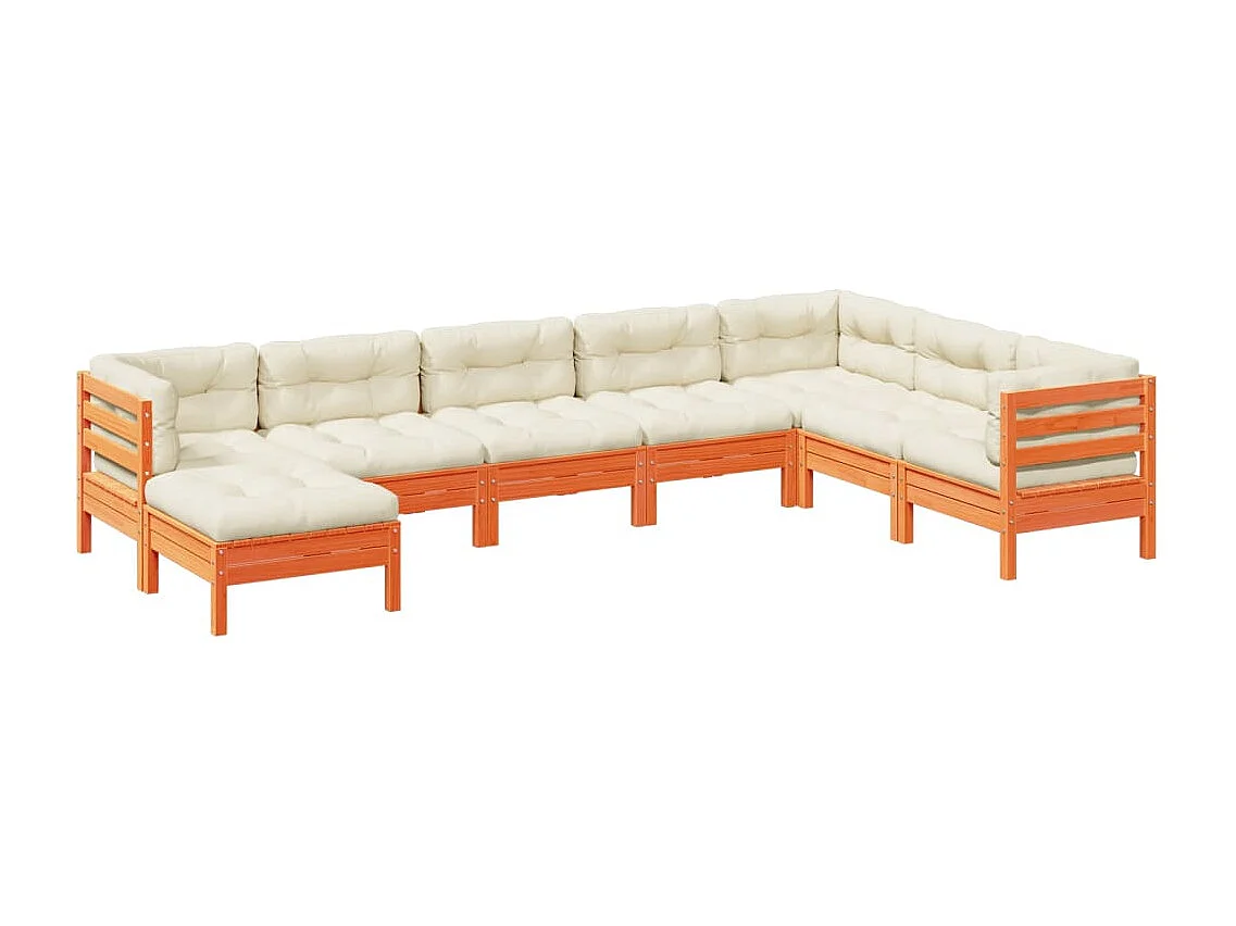 Salon de jardin 8 pcs avec coussins marron cire bois pin massif