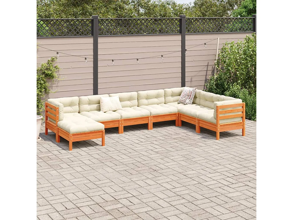 Salon de jardin 8 pcs avec coussins marron cire bois pin massif