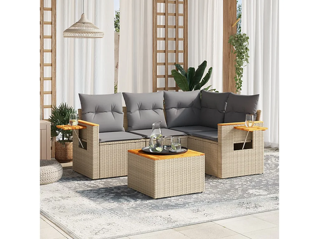 Salon de jardin avec coussins 5 pcs beige résine tressée