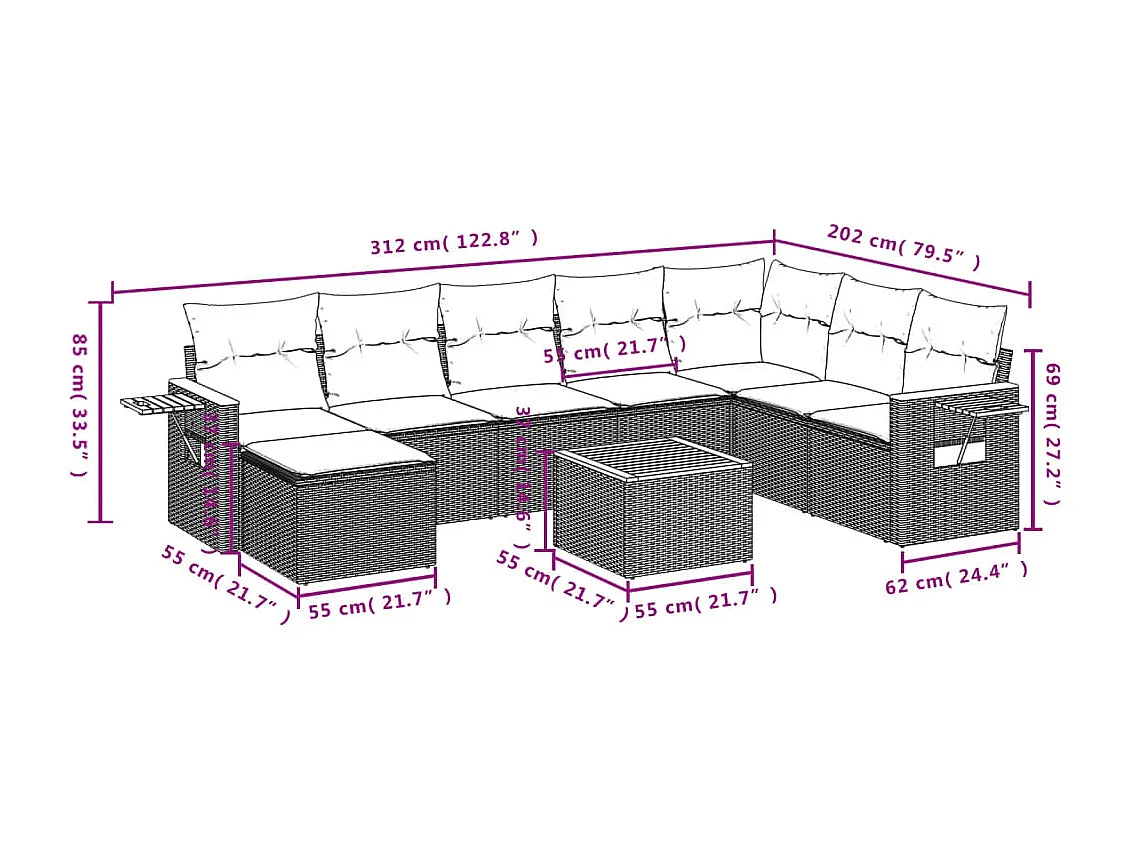 Salon de jardin 9 pcs avec coussins gris résine tressée