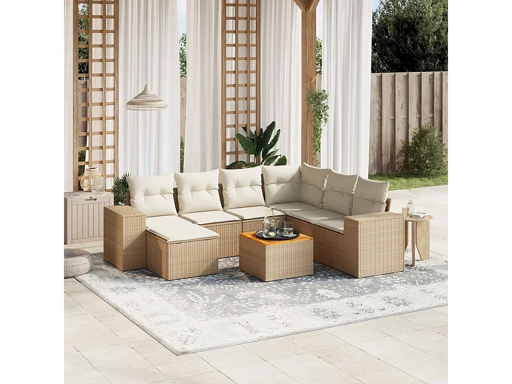 Salon de jardin avec coussins 8 pcs beige résine tressée