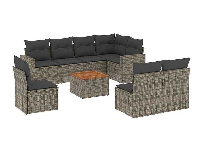 Salon de jardin 9 pcs avec coussins gris résine tressée