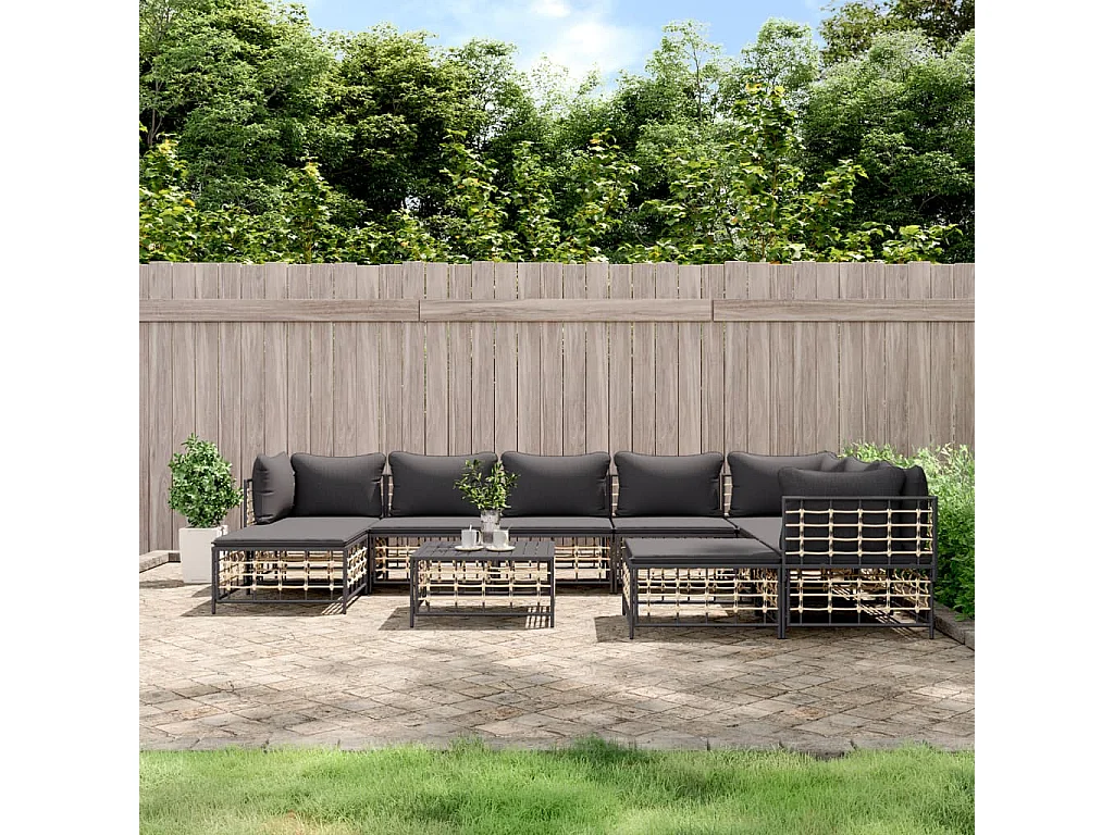 Salon de jardin 10 pcs avec coussins anthracite résine tressée