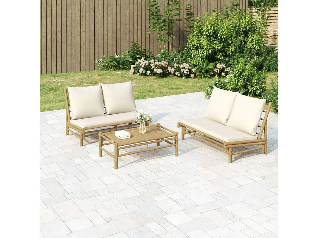 Salon de jardin 3 pcs avec coussins blanc crème bambou