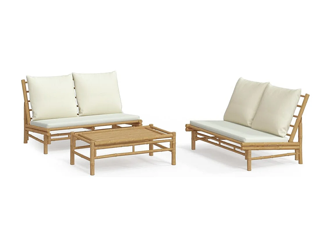 Salon de jardin 3 pcs avec coussins blanc crème bambou