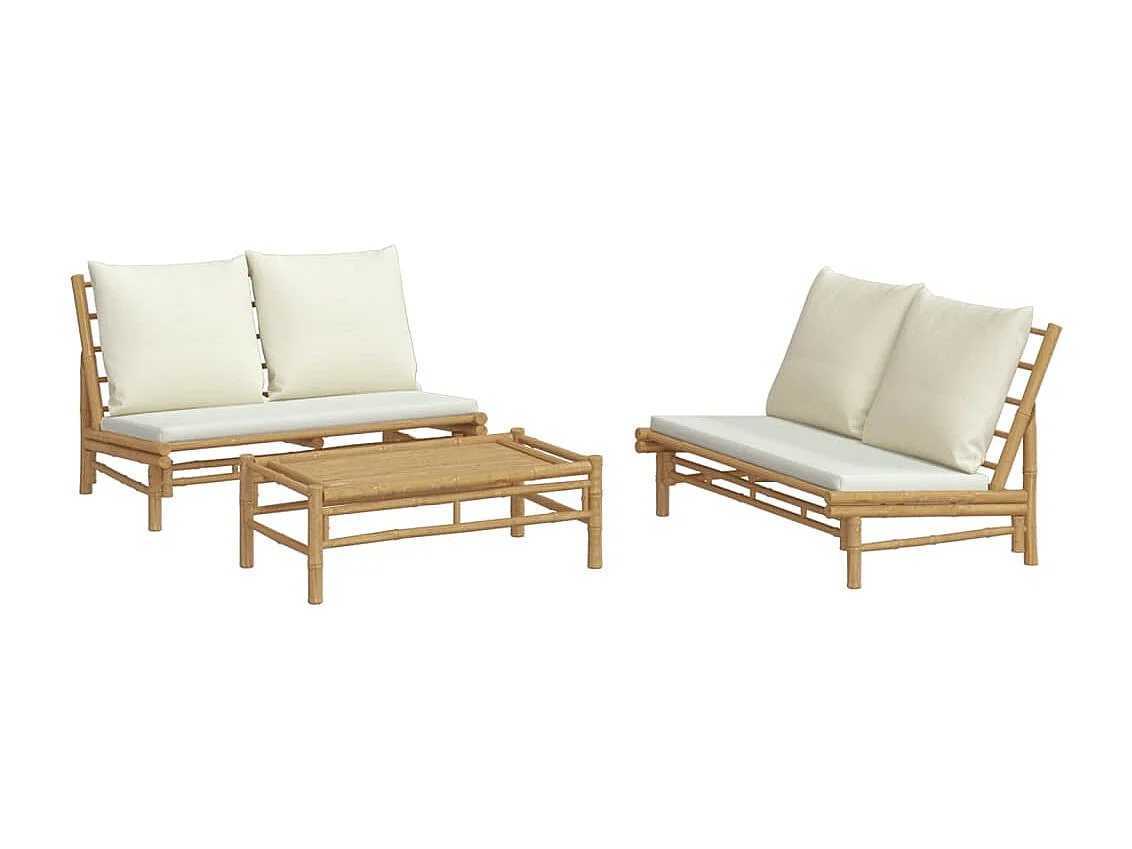 Salon de jardin 3 pcs avec coussins blanc crème bambou