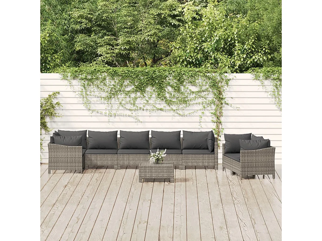 Salon de jardin 9 pcs avec coussins Gris Résine tressée