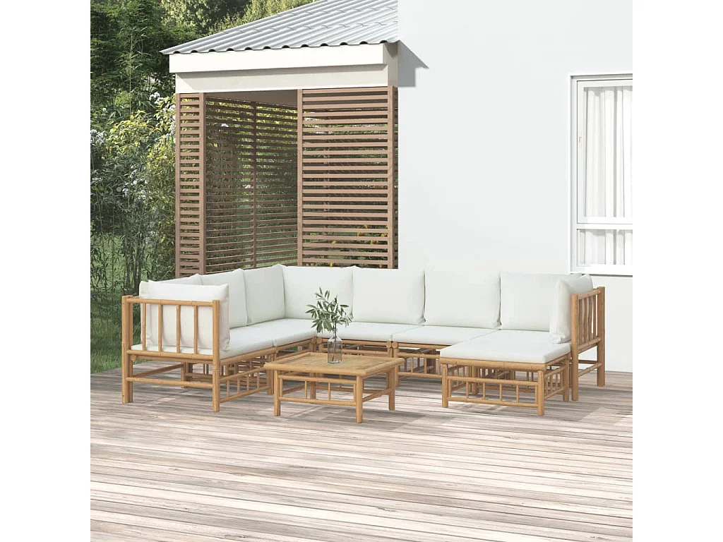 Salon de jardin 8 pcs avec coussins blanc crème bambou