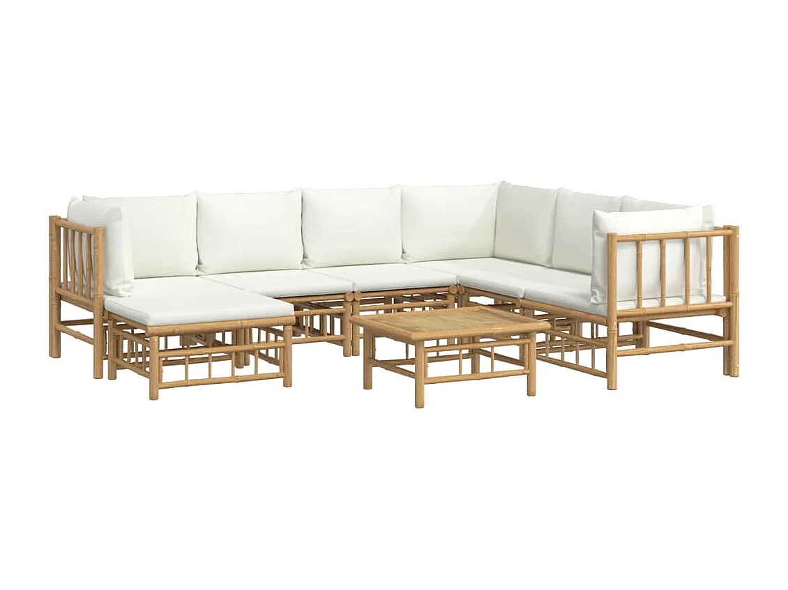 Salon de jardin 8 pcs avec coussins blanc crème bambou