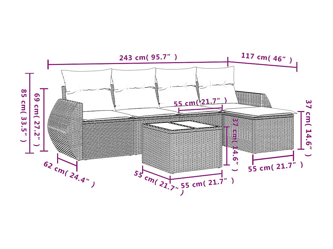 Salon de jardin 6 pcs avec coussins noir résine tressée