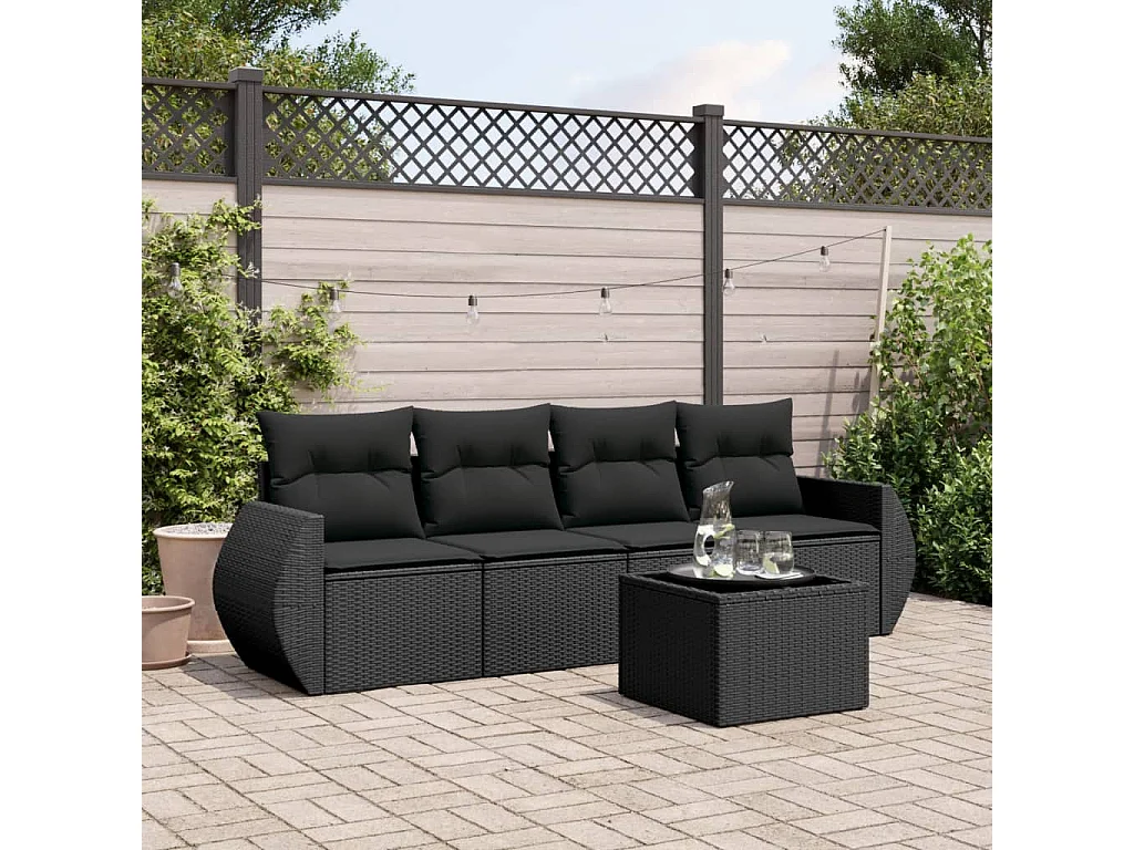 Salon de jardin 5 pcs avec coussins noir résine tressée