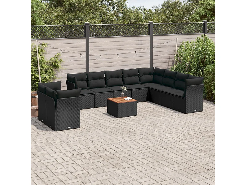 Salon de jardin 11 pcs avec coussins noir résine tressée