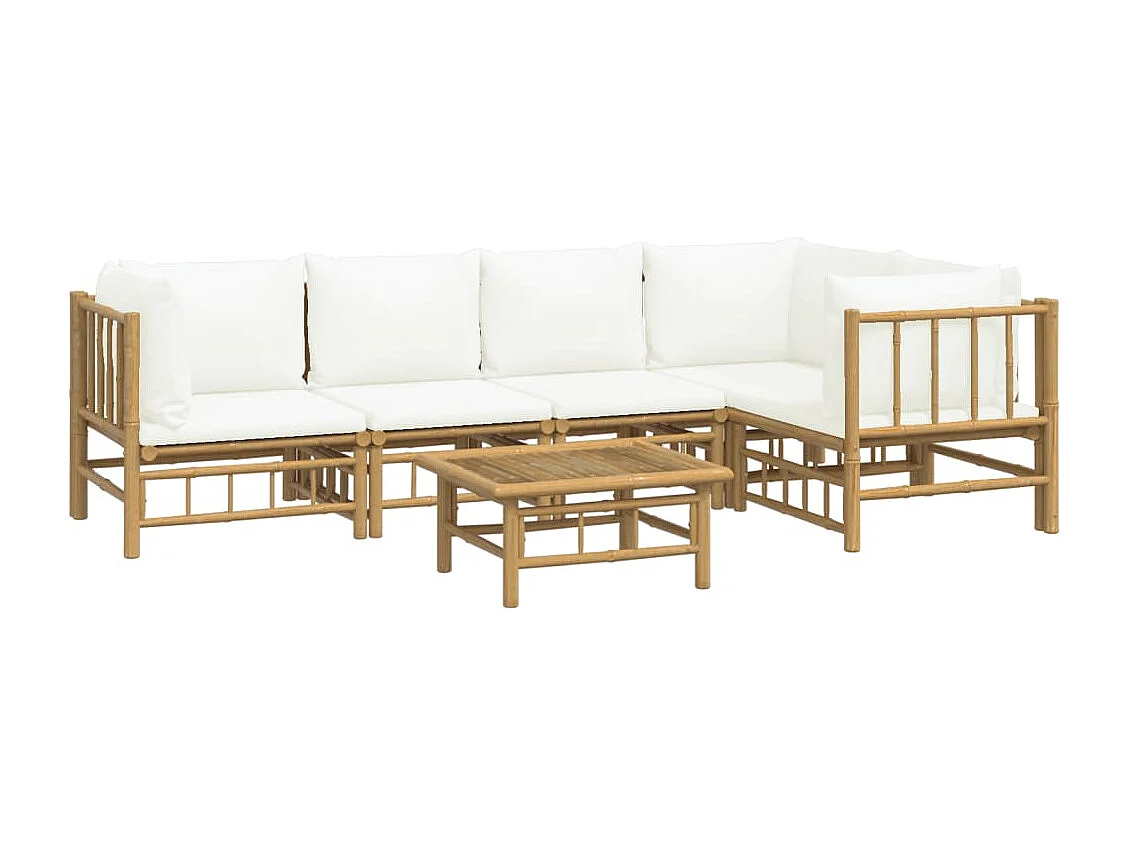 Salon de jardin 6 pcs avec coussins blanc crème bambou