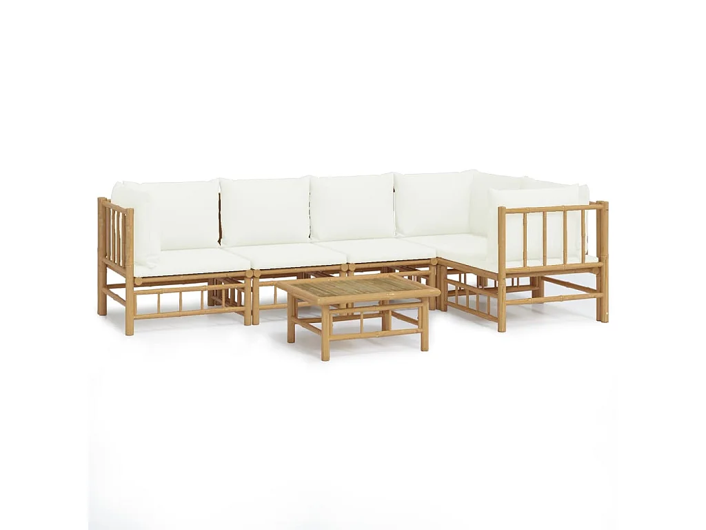 Salon de jardin 6 pcs avec coussins blanc crème bambou