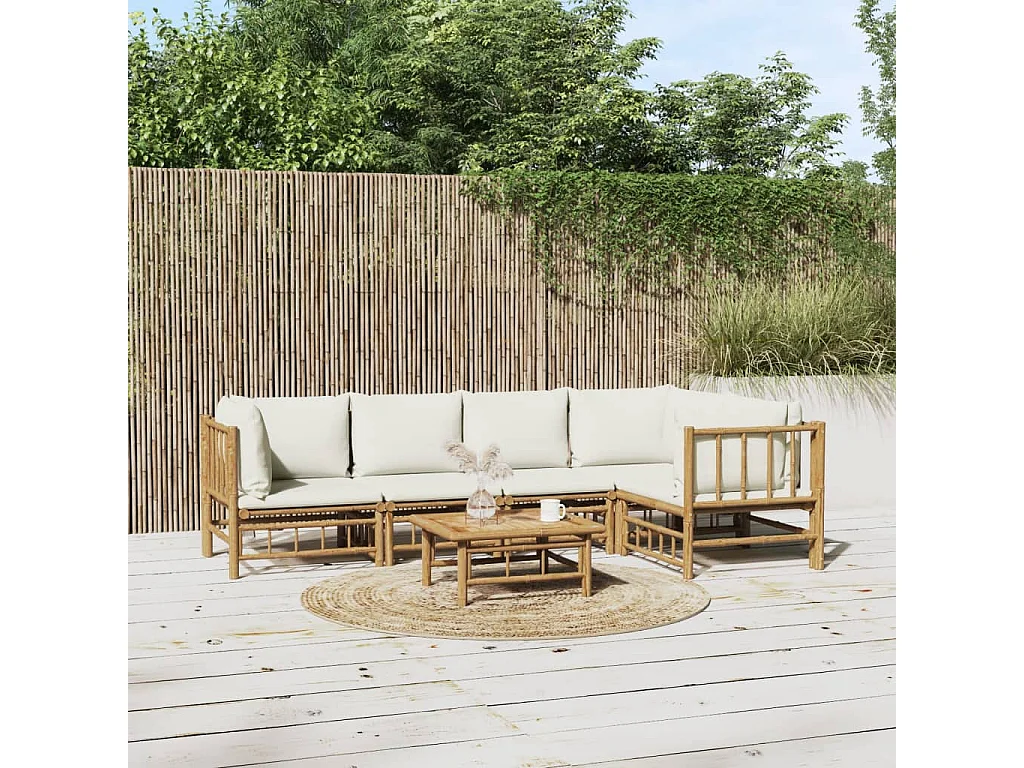 Salon de jardin 6 pcs avec coussins blanc crème bambou