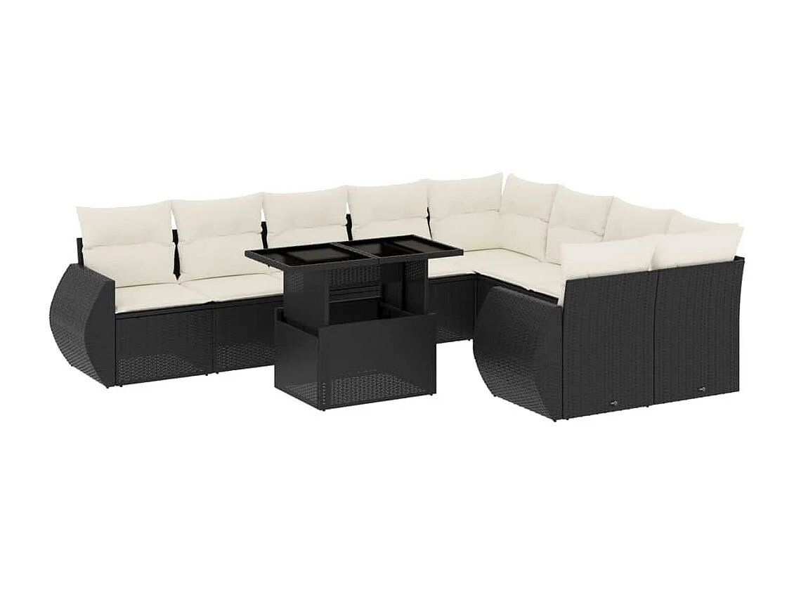 Salon de jardin 10 pcs avec coussins noir résine tressée