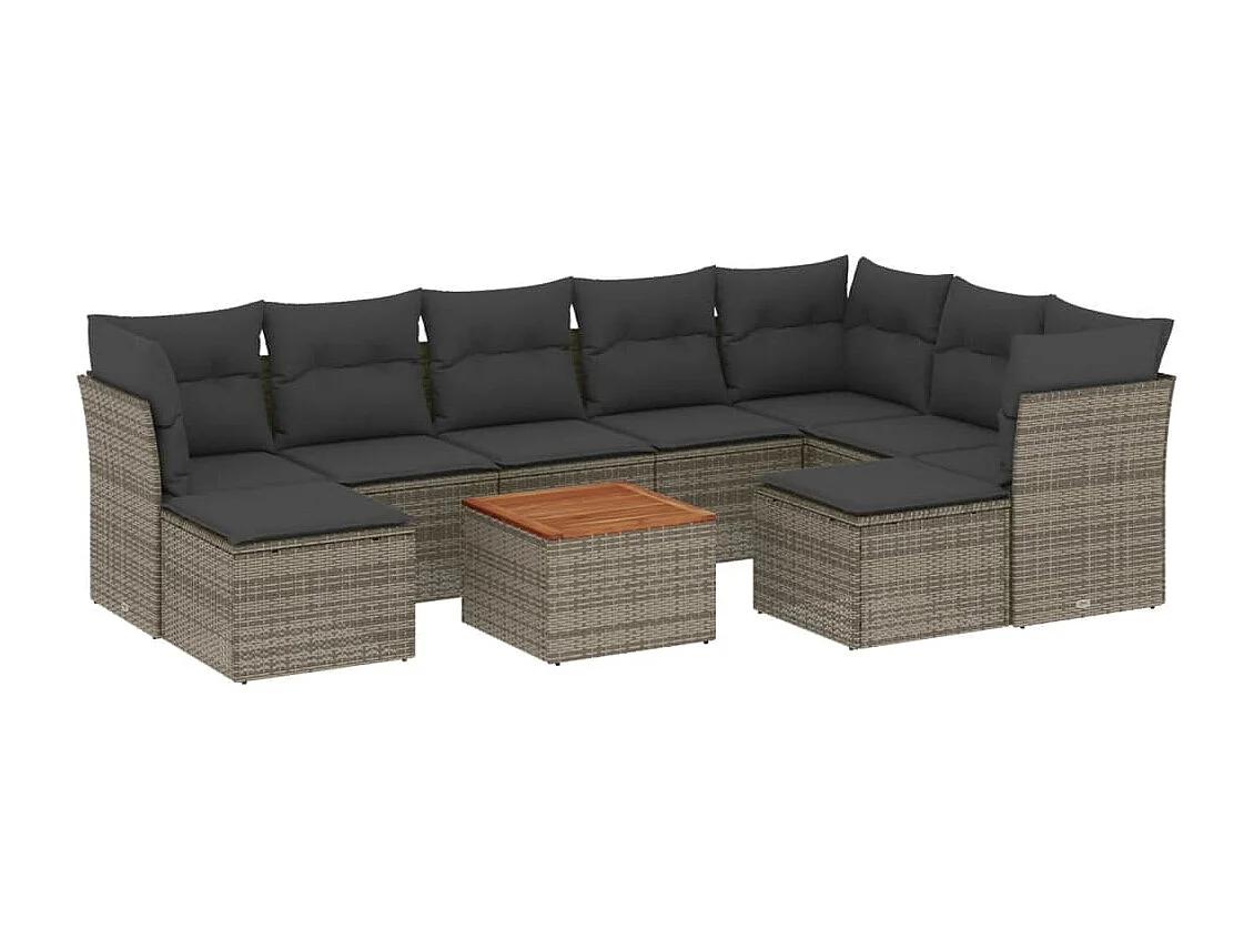 Salon de jardin avec coussins 10 pcs gris résine tressée