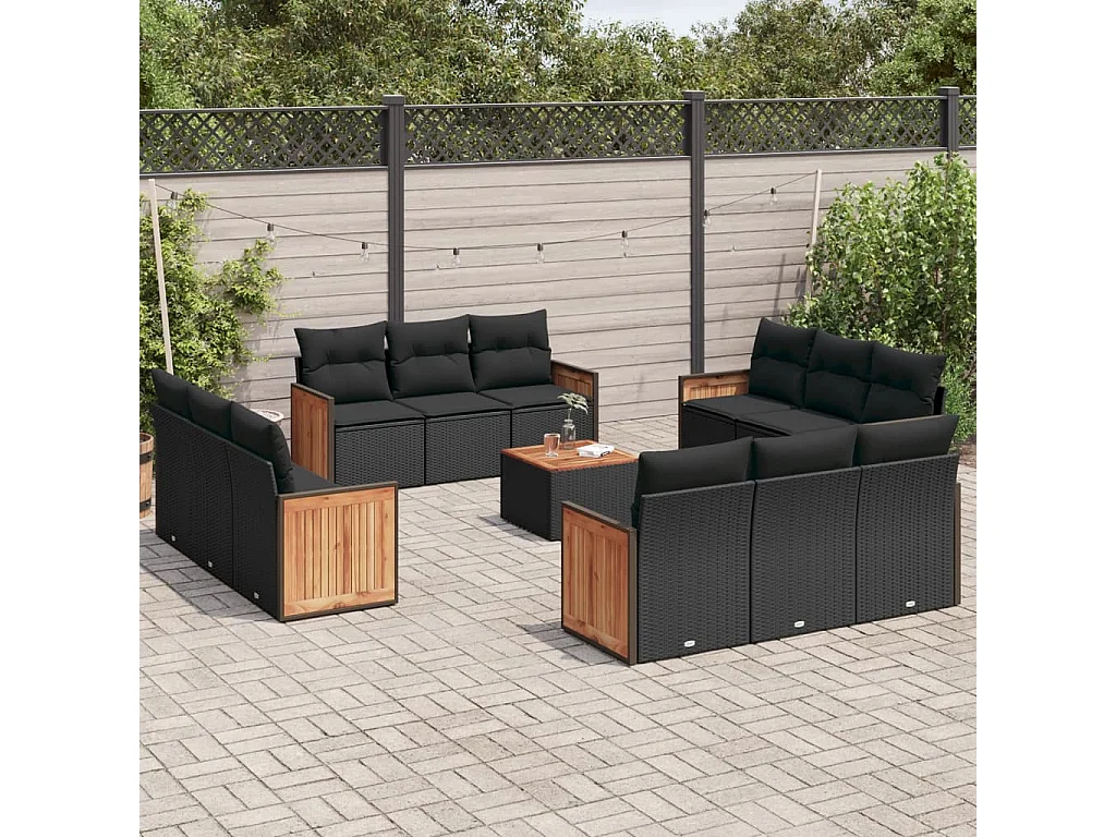 Salon de jardin avec coussins 13 pcs noir résine tressée