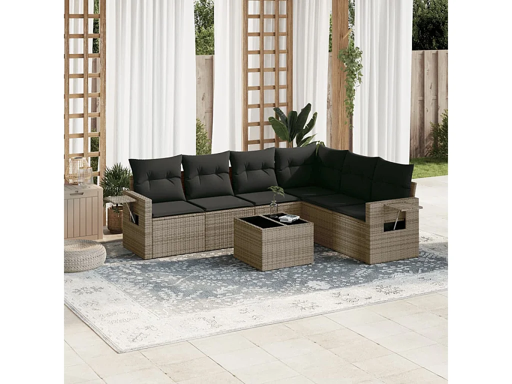 Salon de jardin avec coussins 7 pcs gris résine tressée