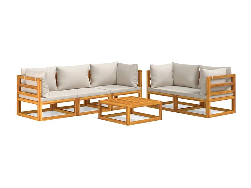 Salon de jardin 6 pcs avec coussins gris clair bois massif