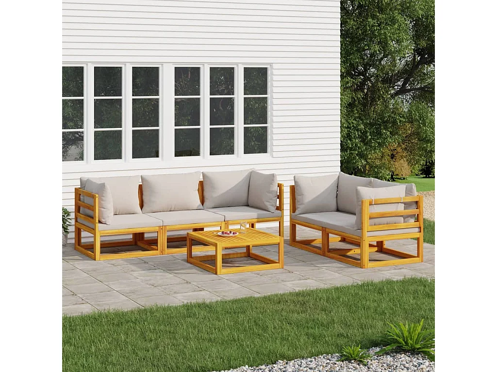 Salon de jardin 6 pcs avec coussins gris clair bois massif
